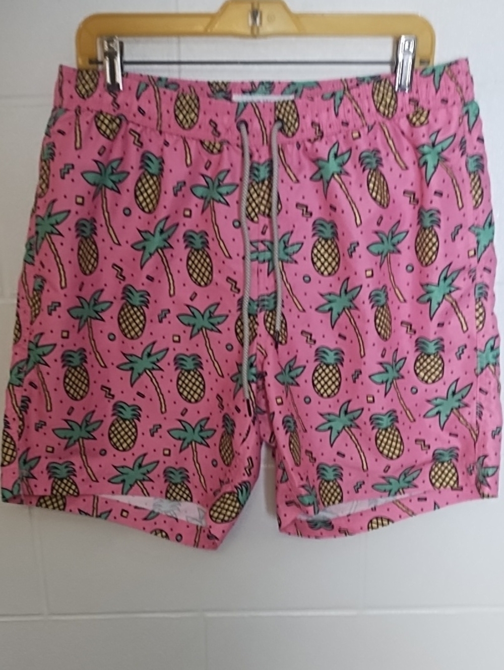 Pink Pineapple Print Swim Shorts with Drawstring Waist Side Pockets Back Pocket